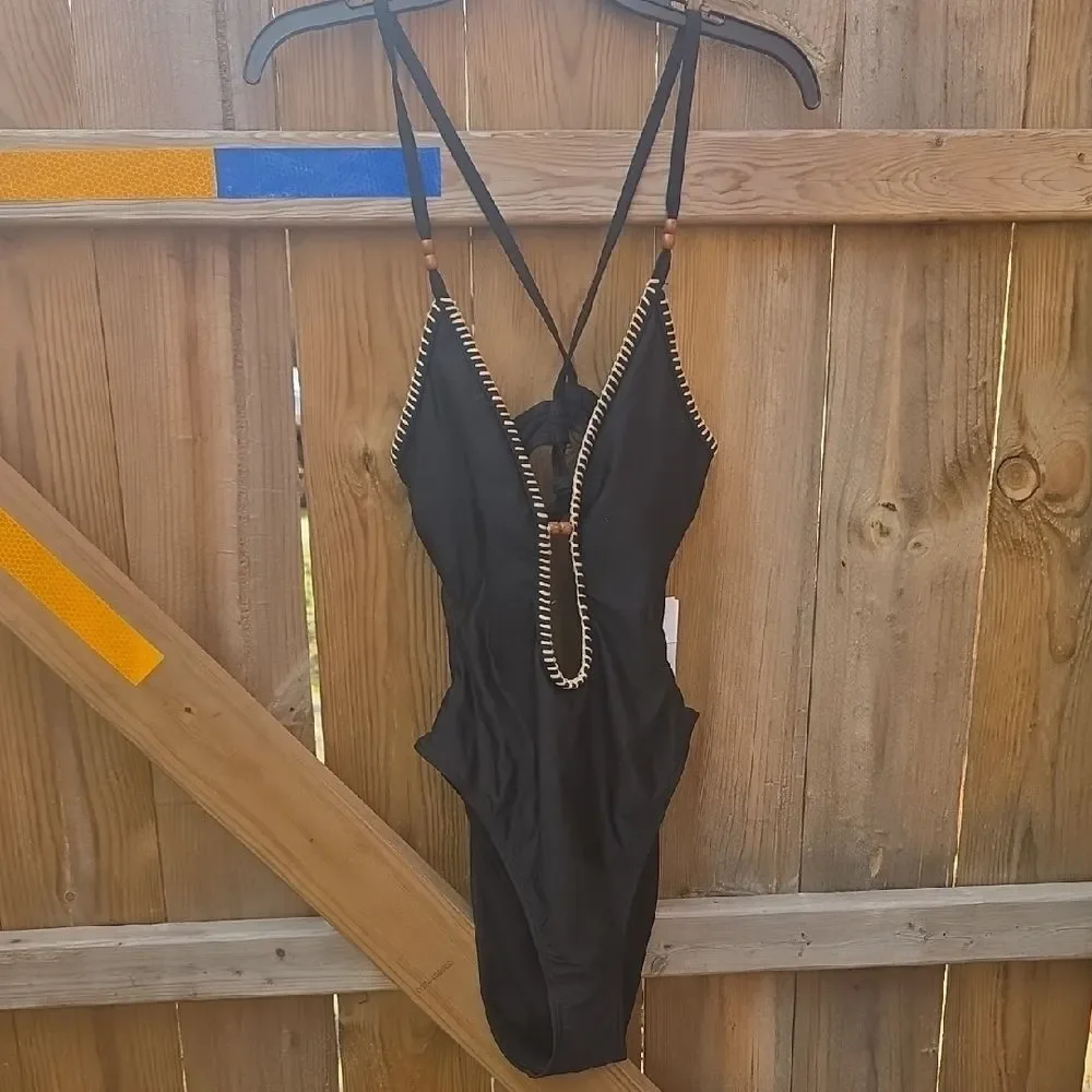 Black One-Piece Swimsuit with Beaded Straps